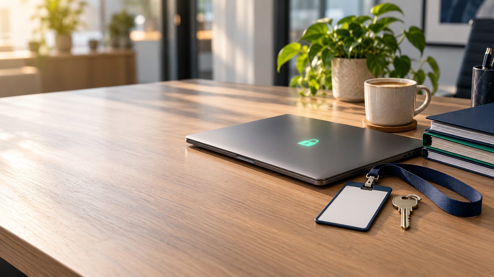 A closed laptop with a lock icon beside a returned ID badge and office key on a desk